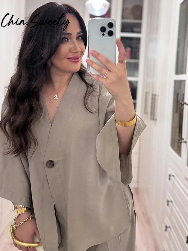 Vintage Cotton Linen Pants Sets Women Elegant Lace UpV-neck