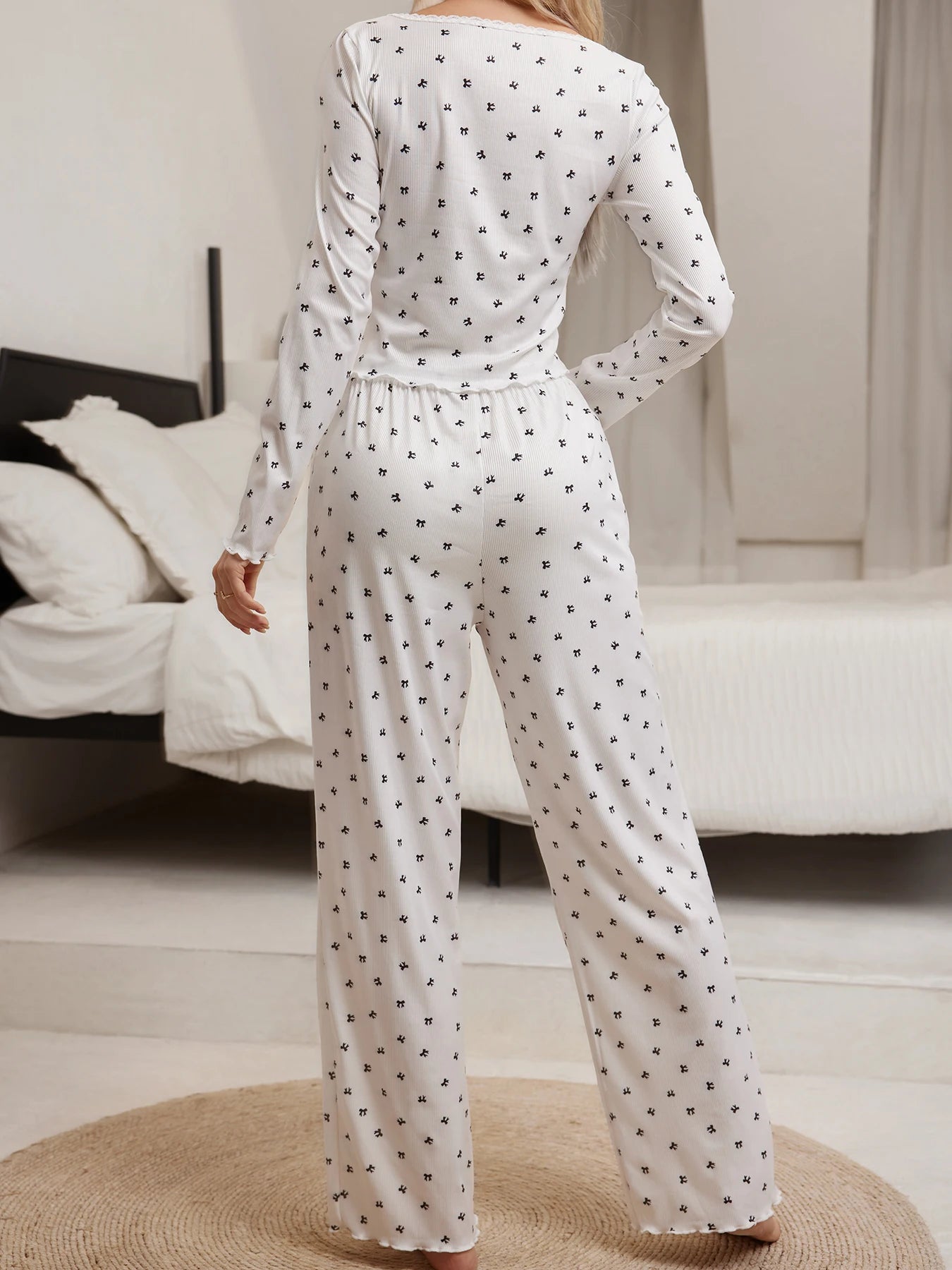 Sleepwear Suit Cute Bowknot Print Lettuce Trim Top with Long Pant Lovely Loungewear