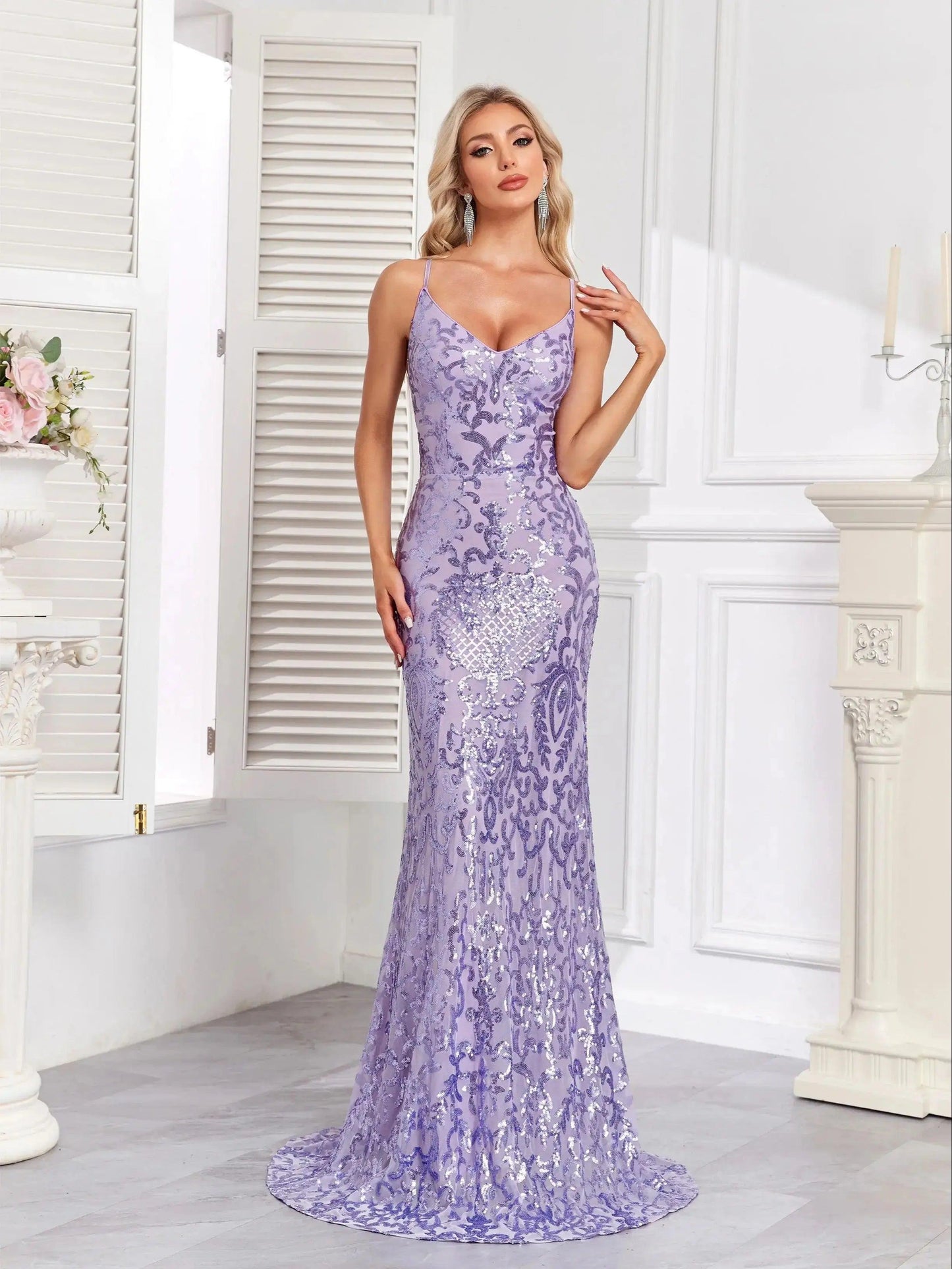 Elegant Spaghetti Strap V-Neck Party Dress, Luxury Evening Gown.