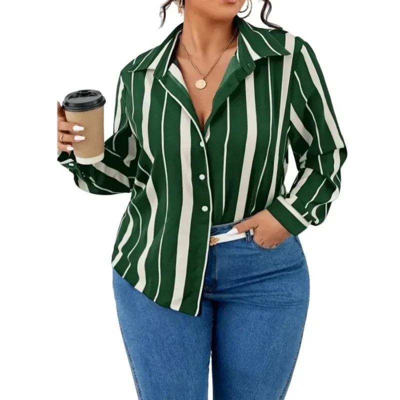 2025 Big Size New Women's Striped Printed Temperament Commuter Shirt Slim Women's Shirt