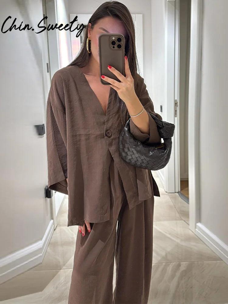 Vintage Cotton Linen Pants Sets Women Elegant Lace UpV-neck