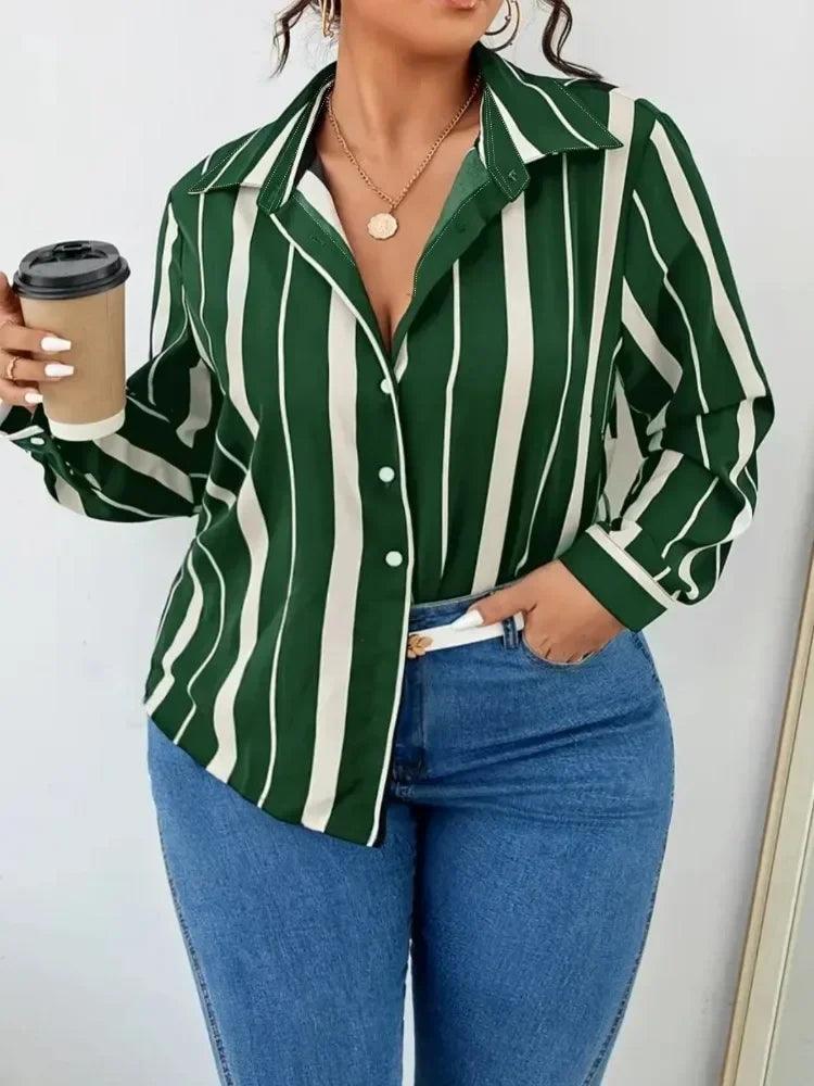 2025 Big Size New Women's Striped Printed Temperament Commuter Shirt Slim Women's Shirt