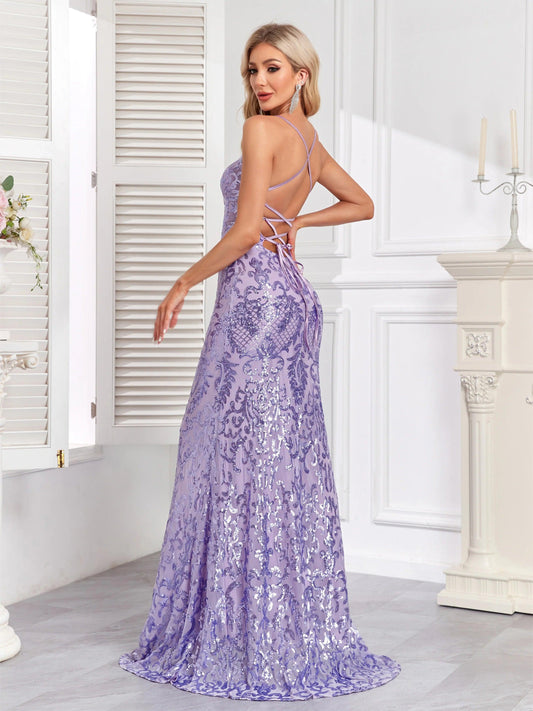 Elegant Spaghetti Strap V-Neck Party Dress, Luxury Evening Gown.