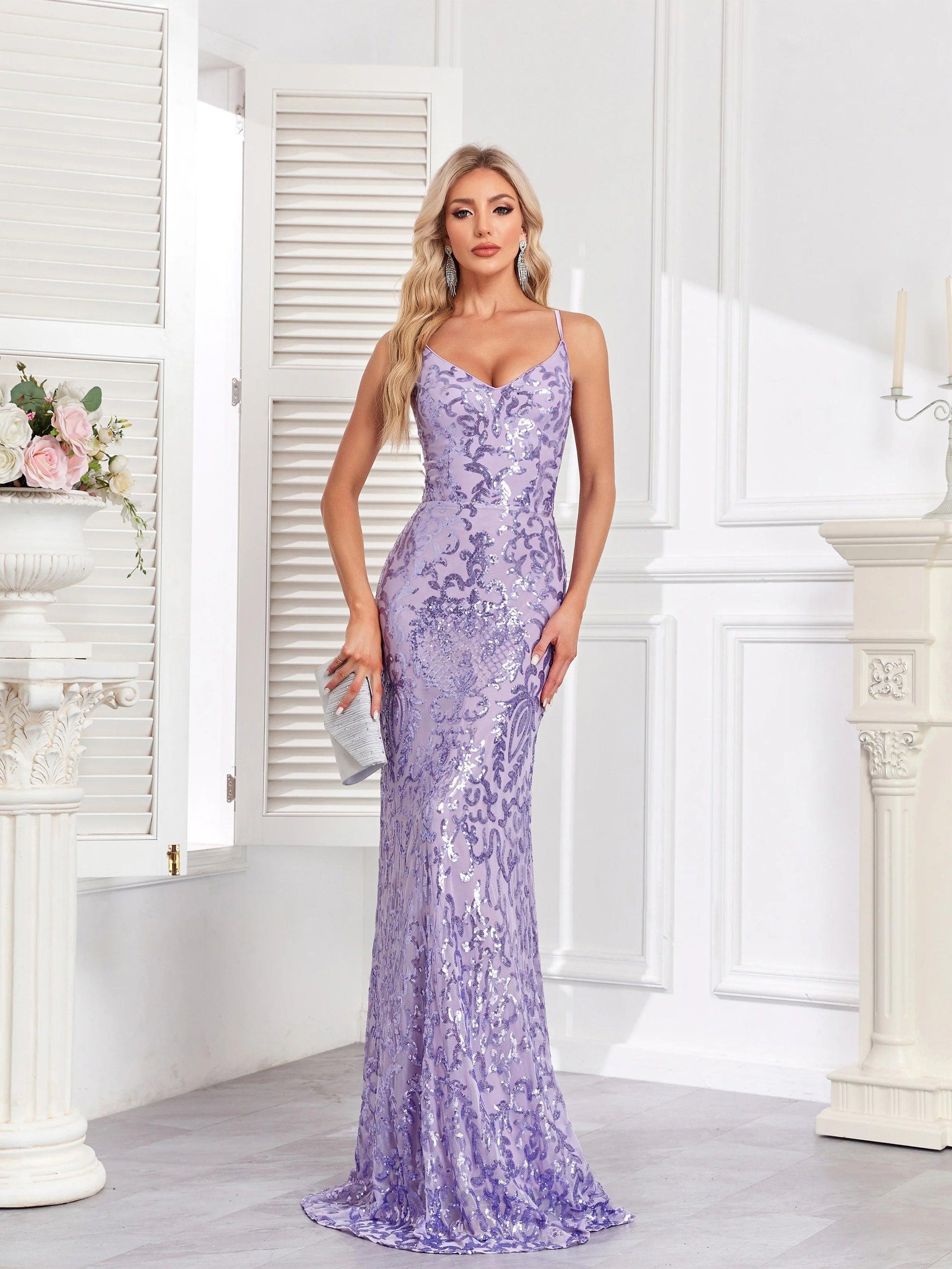 Elegant Spaghetti Strap V-Neck Party Dress, Luxury Evening Gown.