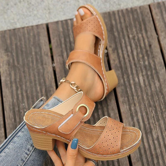 Hook Loop Thick High Heel Sandals Women Hollow Out Summer Beach Sandles