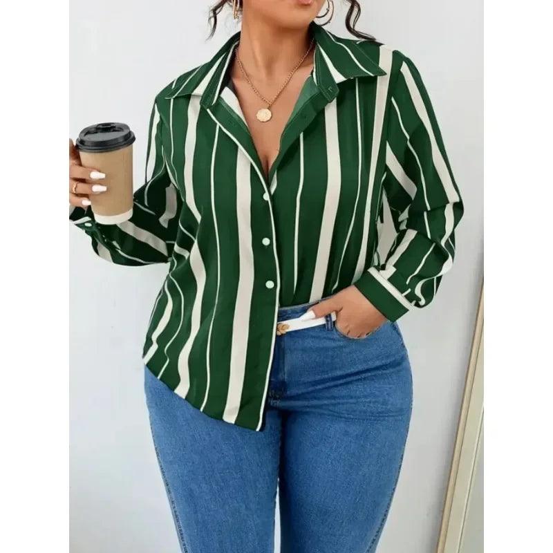 2025 Big Size New Women's Striped Printed Temperament Commuter Shirt Slim Women's Shirt