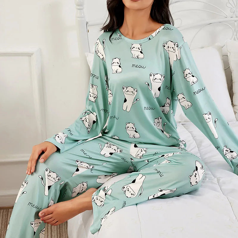 Women's Cute Pajamas Set Green Cat Print Long Sleeve Top & Pants