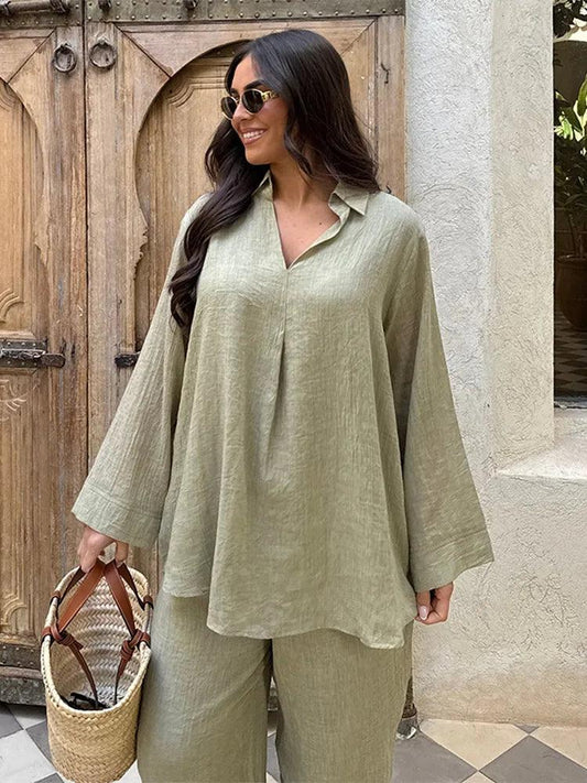 V Neck Soft Long Sleeves Blouse Wide Leg Trousers Casual Female Clothes