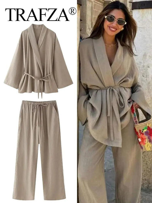 TRAFZA Women Loose Wide Leg Pant Set Fashion Lapel V Neck Long Sleeve Thin Blazer Coat With Belt
