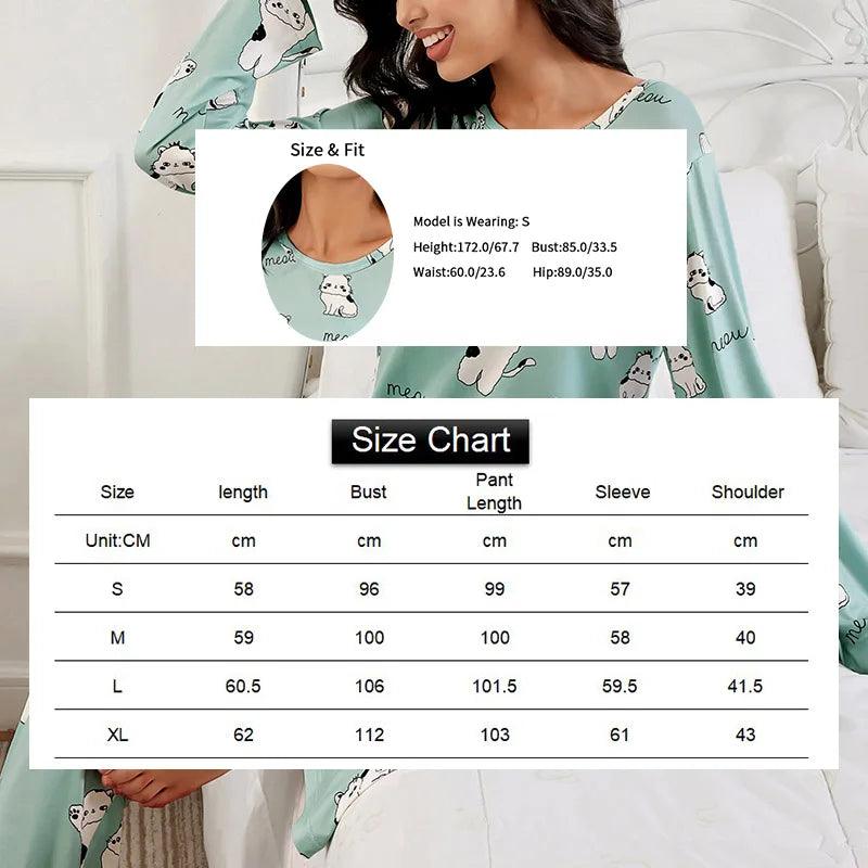 طقم بيجامات نسائي لطيف بطبعة قطة خضراء، بأكمام طويلة وبنطلون