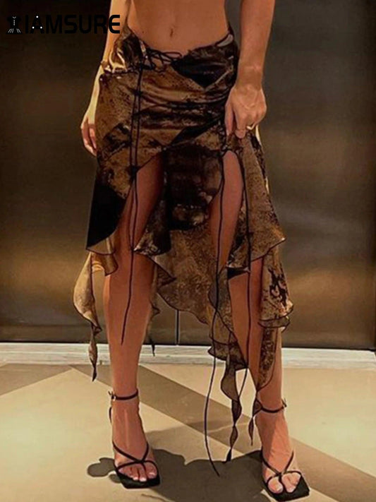 Holiday Bandage Asymmetrical Skirts Beach Style Sexy Ruffles Low-Waisted Midi Skirts