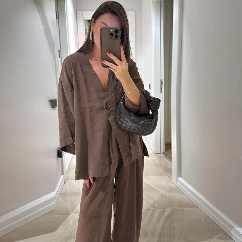 Vintage Cotton Linen Pants Sets Women Elegant Lace UpV-neck