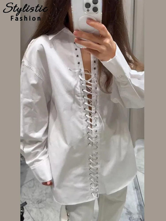 Casual Lace Up Shirts Women Sexy Bandage Lapel Long Sleeve Loose Solid Blouses 2025 Summer