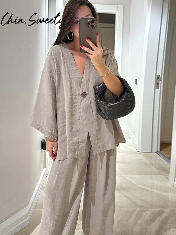 Vintage Cotton Linen Pants Sets Women Elegant Lace UpV-neck