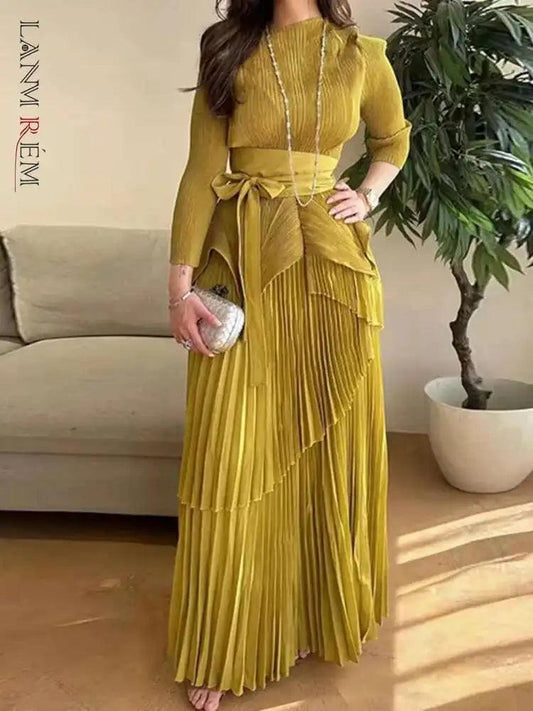 2 Piece Set Women Round Neck Irregular Belt Gathered Waist Solid Long Dresses