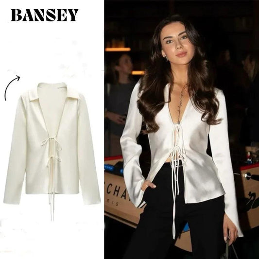Sexy Bow Tie Satin White Blouses Women V Neck Long Sleeve Slim Shirts Women Y2k 2025