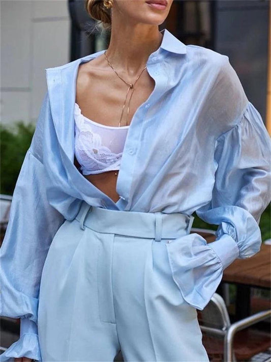 Tossy Casual Loose Commute Shirts For Women Long Sleeve