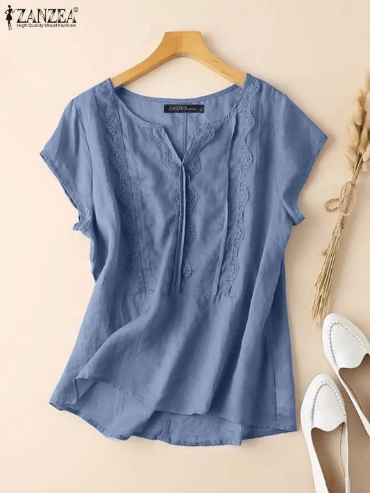 Casual Lace Stitching Tops Women Blouse V-neck  Loose Holiday