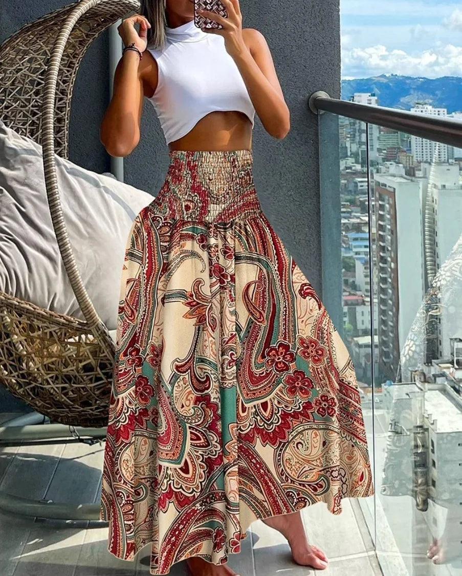 Vintage Flower Printed Skirt Women 2025 Summer New Fashion Casual