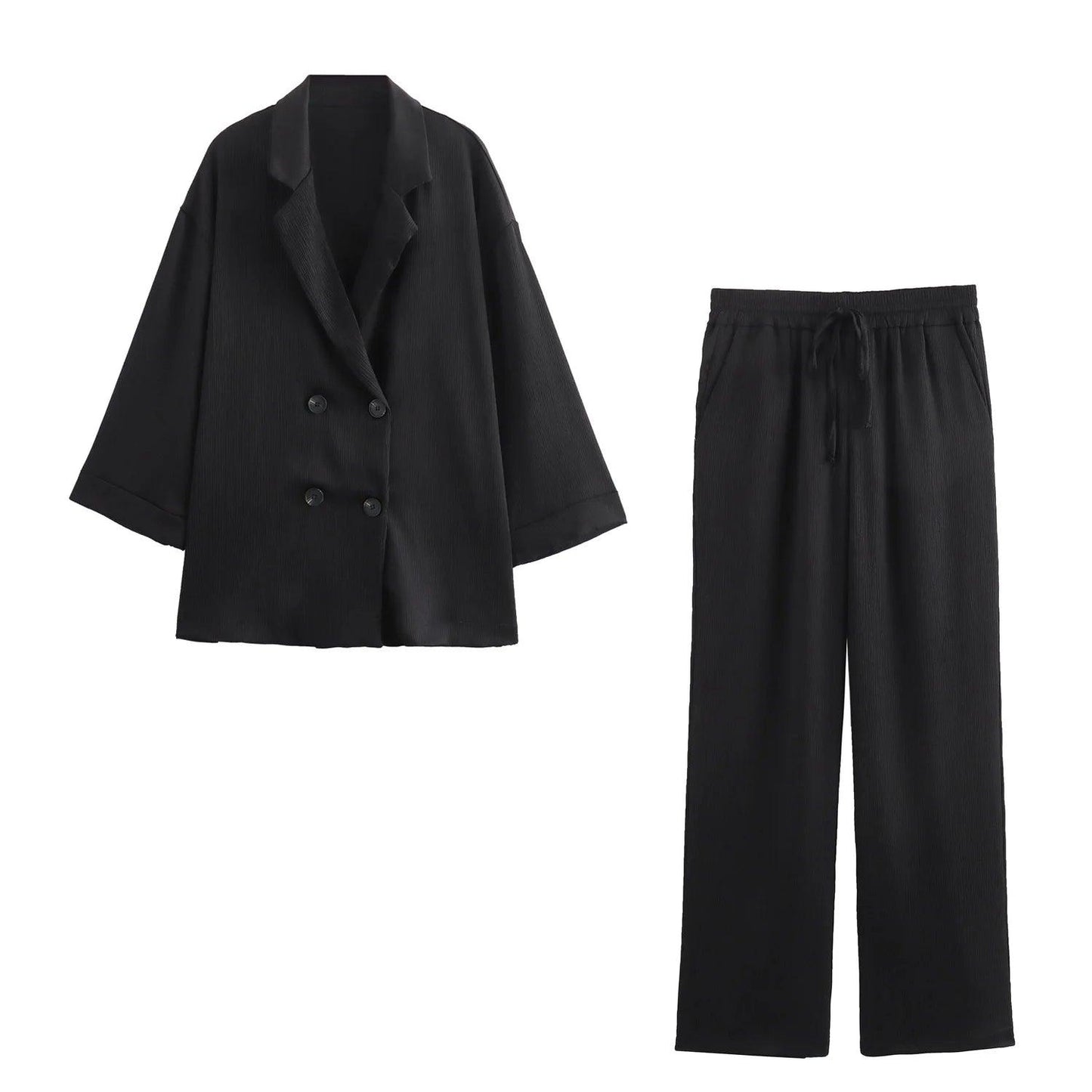 Blazer Coat Pants Set Long Sleeve Double Breasted Blazer + Wide Leg Trousers Lady Office