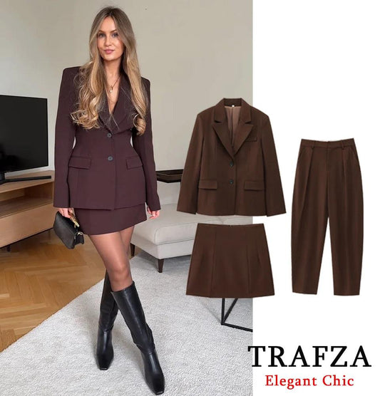 TRAFZA Women Retro Brown Suit Lapel Pocket Blazer Wide Leg Pants Mini Skirt Set New 2025 Commuter Vintage Blazer Set