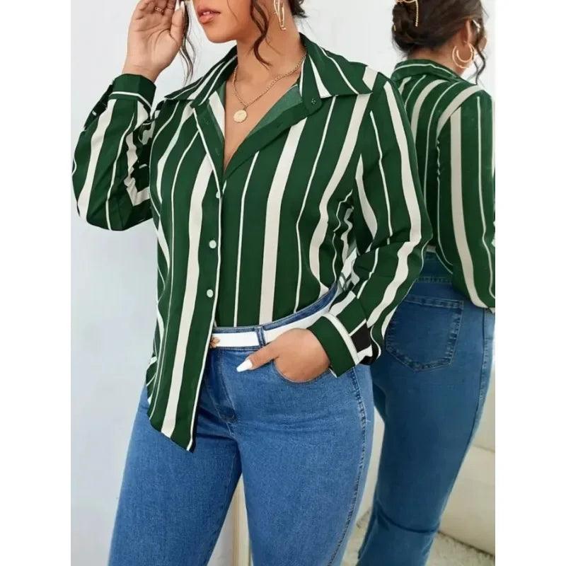 2025 Big Size New Women's Striped Printed Temperament Commuter Shirt Slim Women's Shirt
