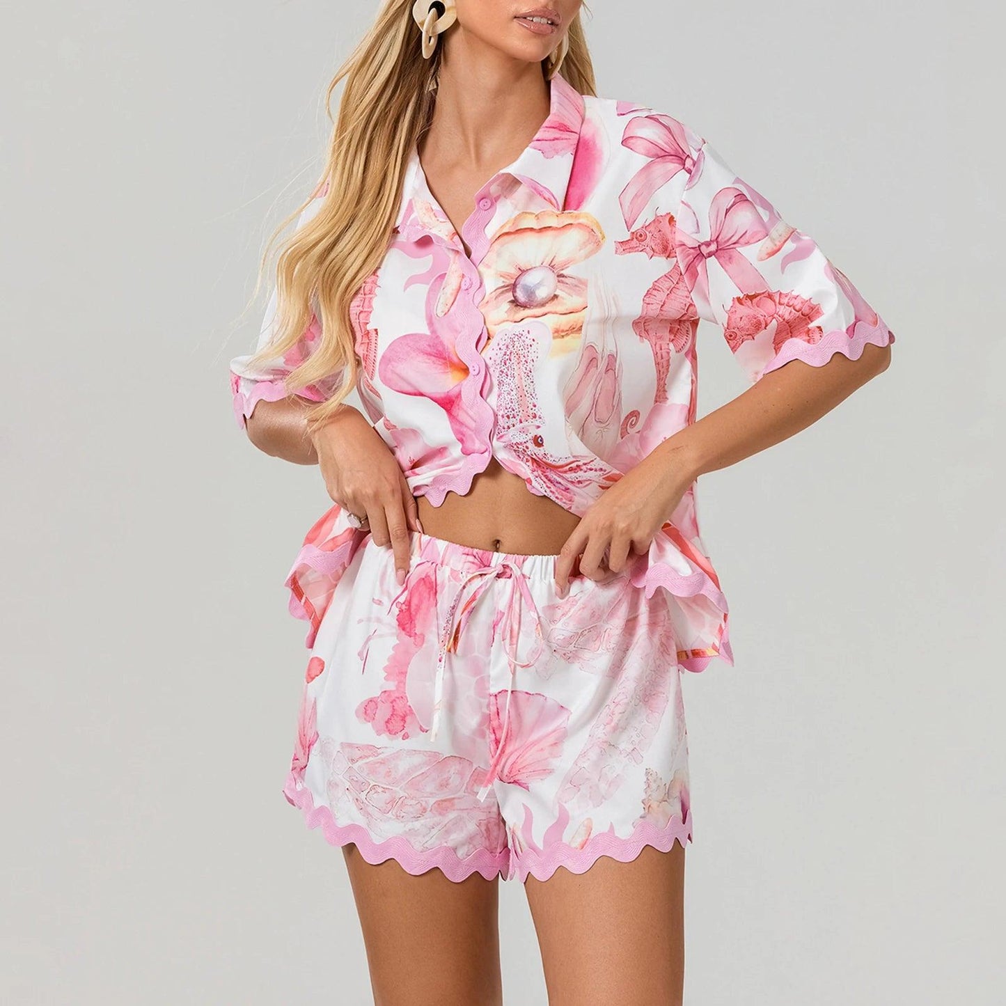 2 Piece Outfits Short Sleeve Button Down Shirt Shorts Set Y2k Summer Beach Vacation Printed Sets