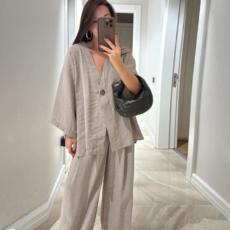 Vintage Cotton Linen Pants Sets Women Elegant Lace UpV-neck