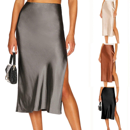 Side Split Women Satin Silk Midi Skirt High Waist Solid Color Elegant Skirts Versatile Ladies Daily Wear