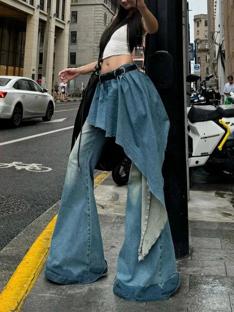 Y2K Retro Washed Design Splicing Fake Two-piece Blue Jeans Women's Popular Loose Sexy