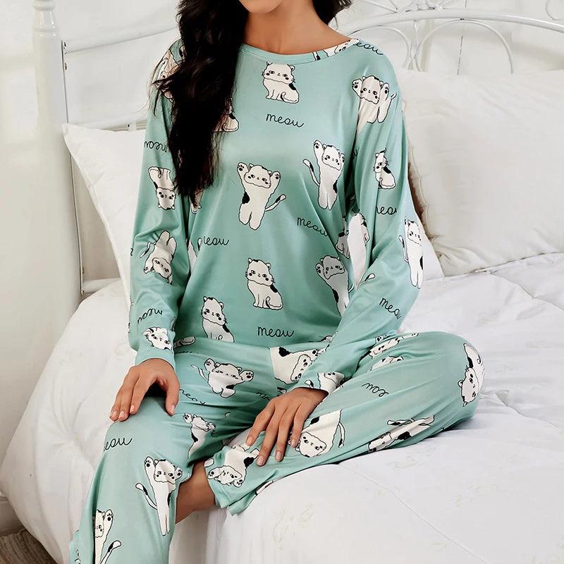 طقم بيجامات نسائي لطيف بطبعة قطة خضراء، بأكمام طويلة وبنطلون