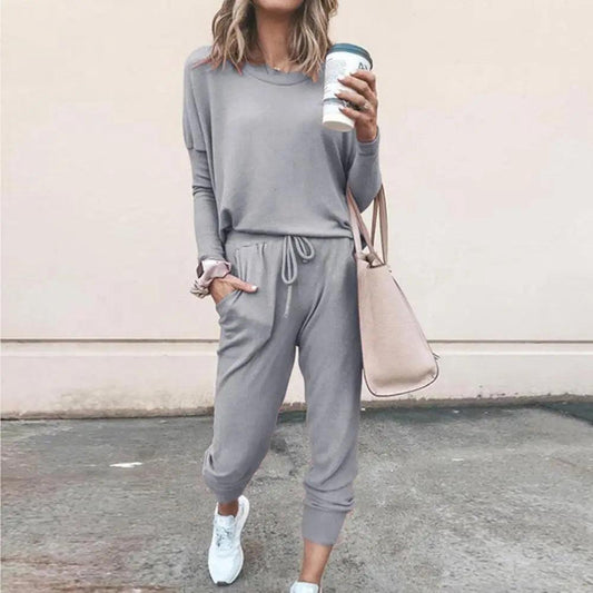 Solid Color Loose Pullover Hoodies Two Piece Set Female Long Sleeve Tops Pants Sportswear