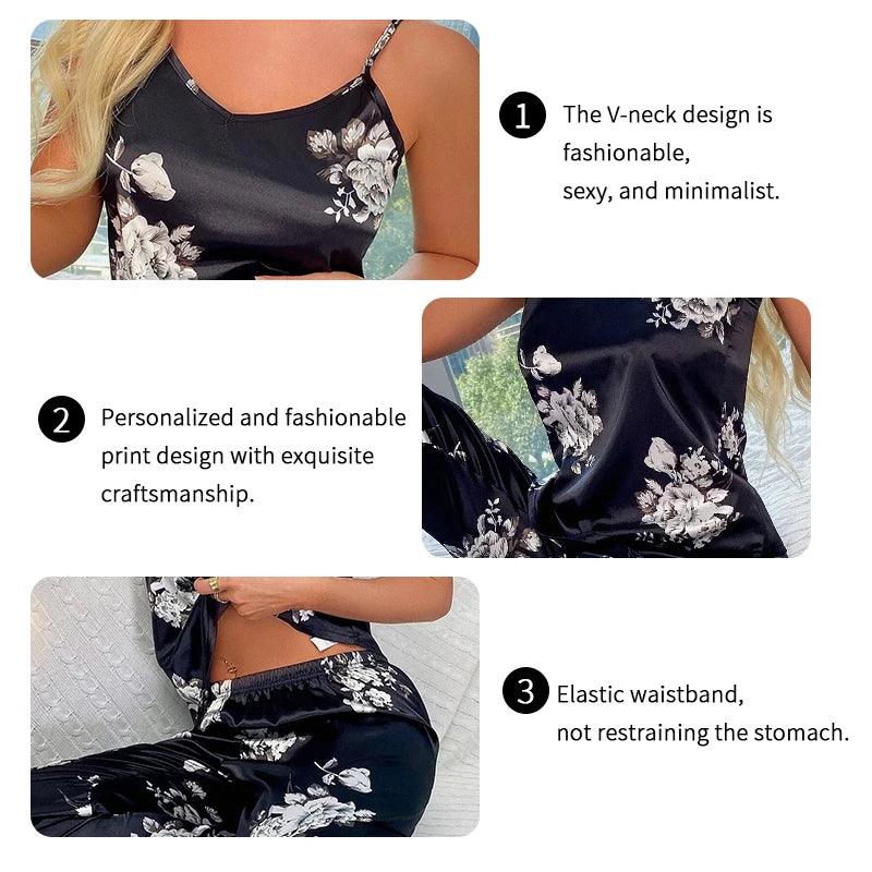 طقم بيجامة نوم نسائية صيفي أنيق من الساتان بطبعة زهور ورقبة على شكل حرف V بدون ظهر