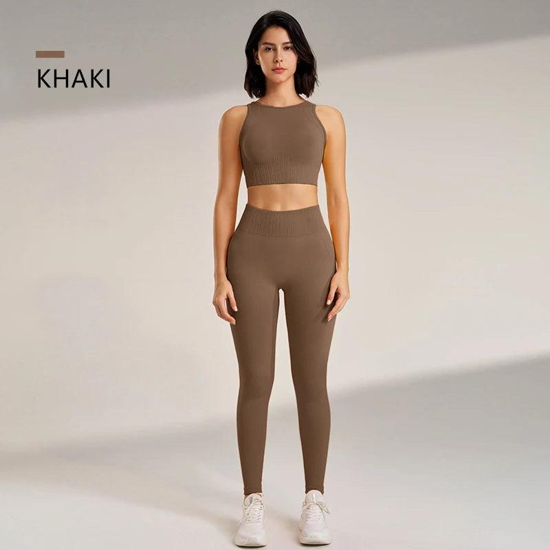 بنطال ضيق عالي الخصر للنساء مع بلوزة من قطعتين بدون درزات لممارسة تمارين اللياقة البدنية