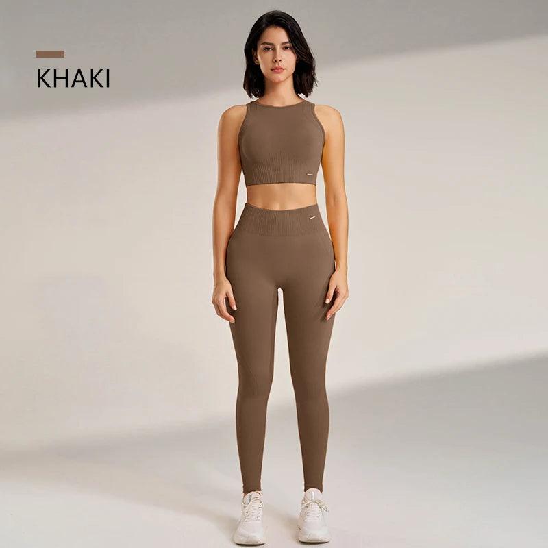 بنطال ضيق عالي الخصر للنساء مع بلوزة من قطعتين بدون درزات لممارسة تمارين اللياقة البدنية