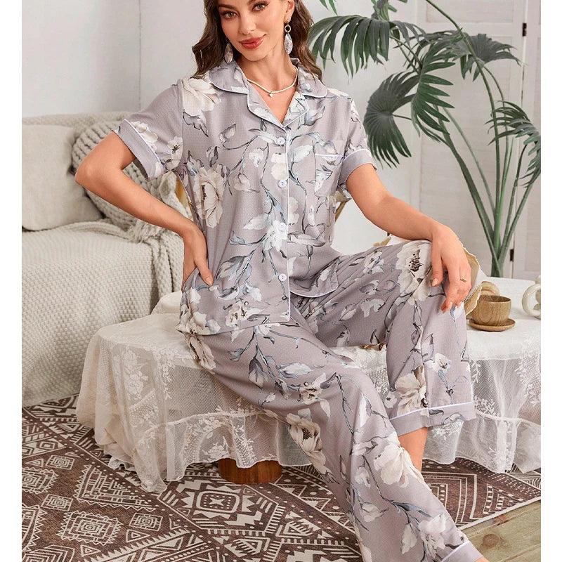 طقم بيجامة صيفي أنيق للنساء بأكمام قصيرة من قماش الكريب الفقاعي