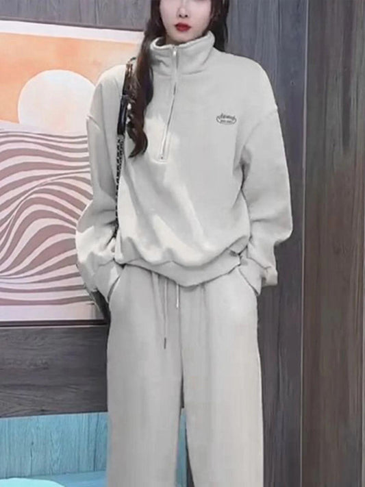 Sportswear Set for Women with Zipper Collar Long Sve Fce High Waist Pants Two Piece Suit