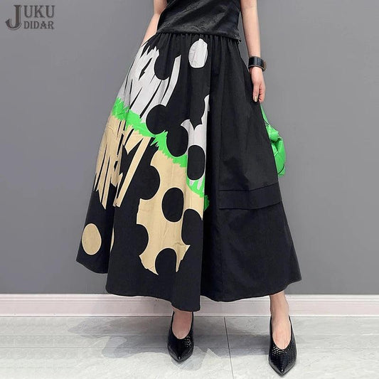 Korean Style A-Line Elastic Waist Woman Summer Long Black Vintage Printed Skirt