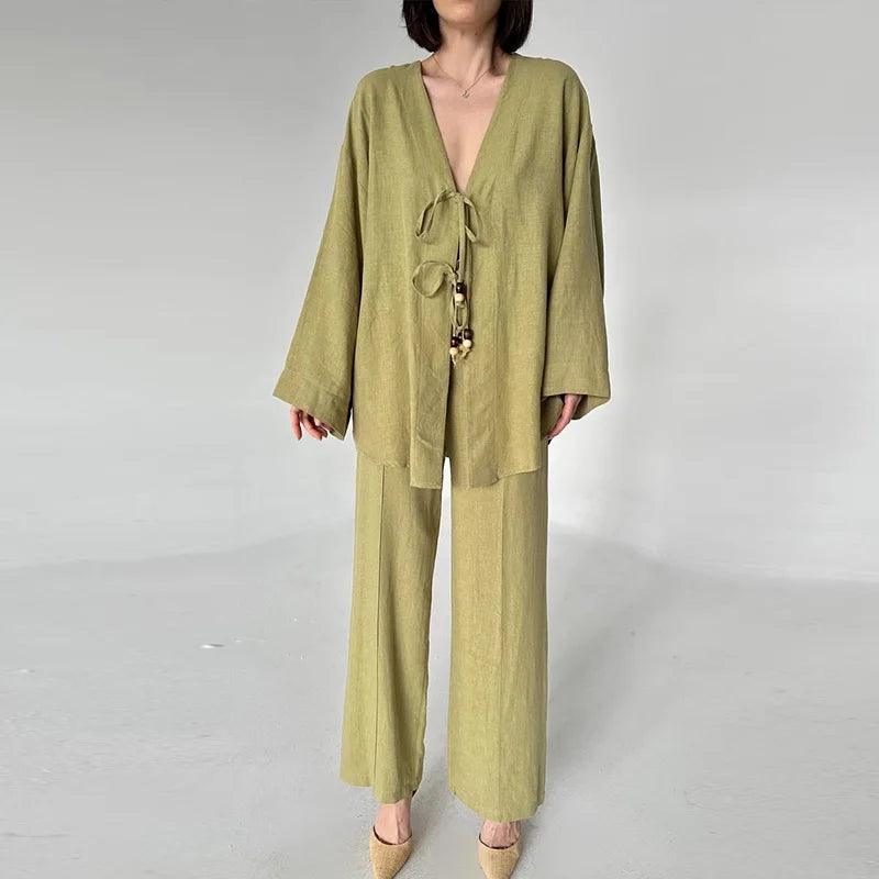 طقم قميص وبنطال كاجوال مزين بالخرز للنساء