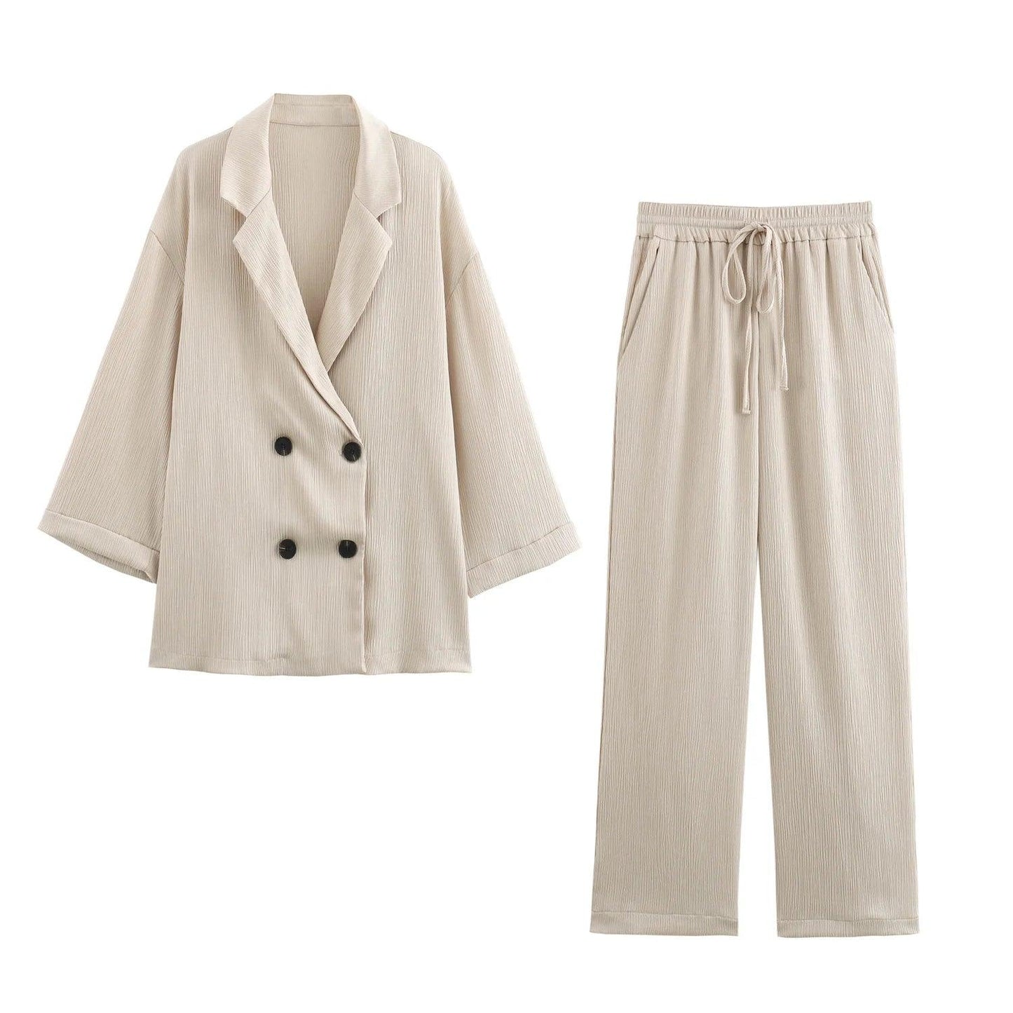 Blazer Coat Pants Set Long Sleeve Double Breasted Blazer + Wide Leg Trousers Lady Office
