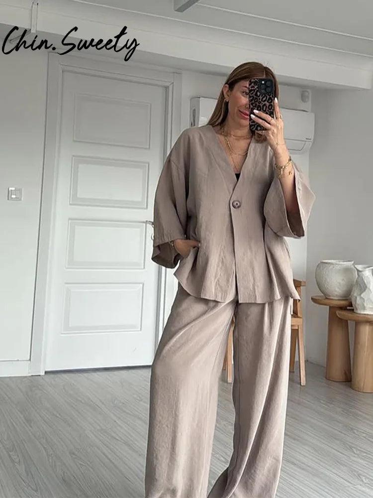 Vintage Cotton Linen Pants Sets Women Elegant Lace UpV-neck