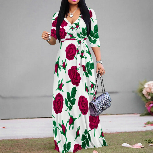 Women's Short Sleeve Sexy V Neck Loose Boho Long Dress