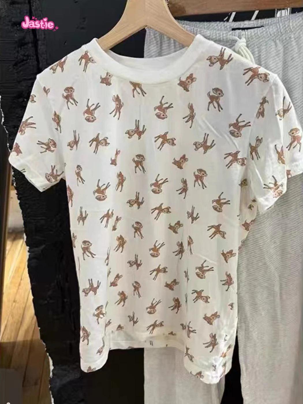 شورت رياضي منزلي أنيق بثلاثة أزرار بطبعة غزال وخصر مرن وشورت صيفي أنيق للنساء ملابس نوم كاجوال أنيقة