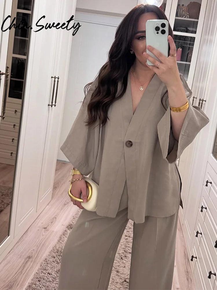 Vintage Cotton Linen Pants Sets Women Elegant Lace UpV-neck