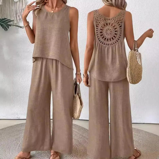 Simple Cotton Linen Women's Suits Summer Fashion Sleeveless Loose Blouse Wide Leg Pants Two Piece Set