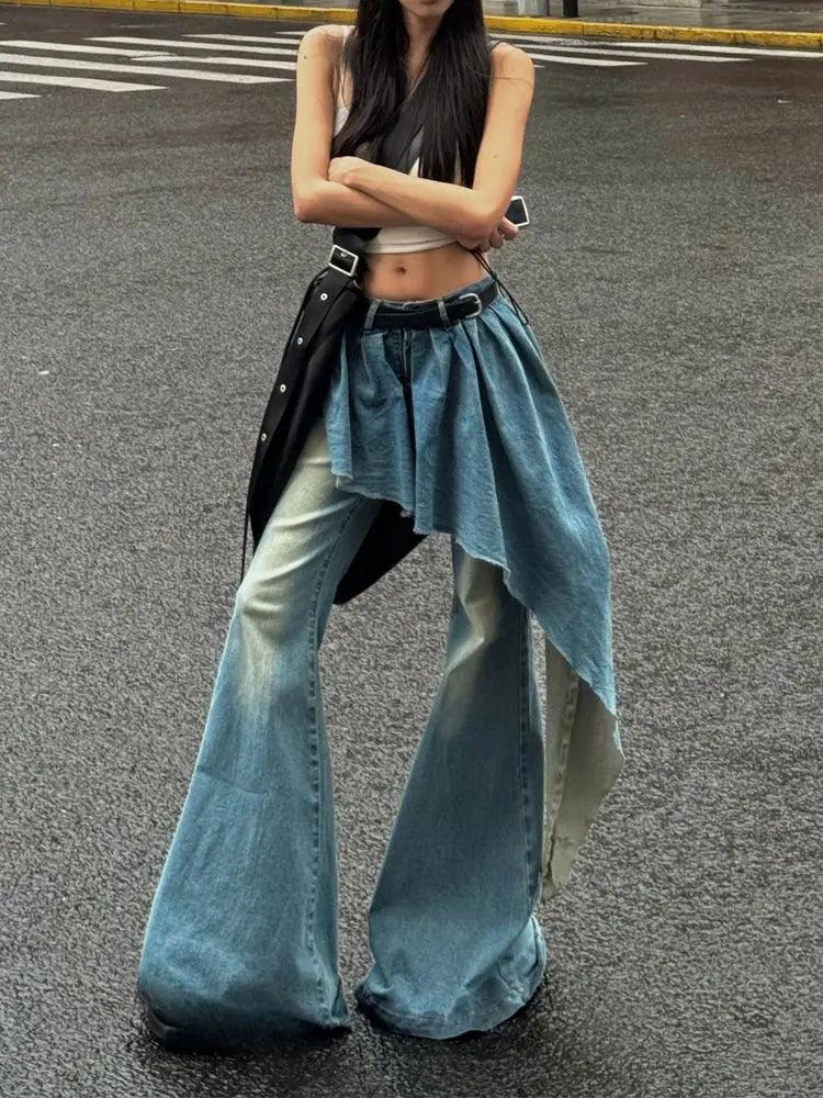 Y2K Retro Washed Design Splicing Fake Two-piece Blue Jeans Women's Popular Loose Sexy