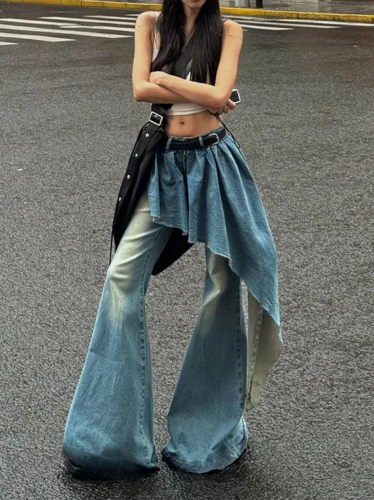 Y2K Retro Washed Design Splicing Fake Two-piece Blue Jeans Women's Popular Loose Sexy