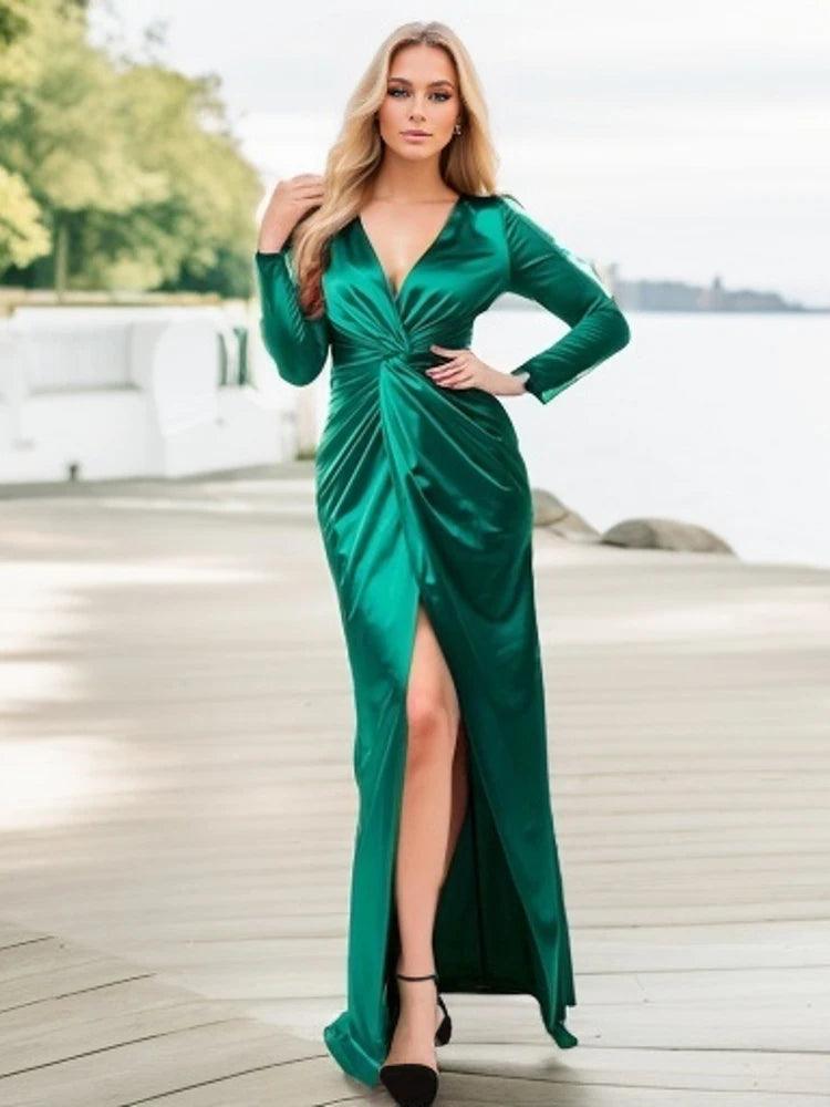 Romagic Knot Ruched V Neck Long Sleeve Cocktail Prom Dresses