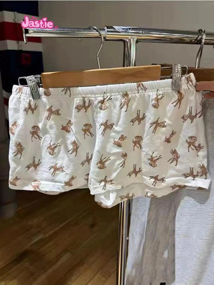 شورت رياضي منزلي أنيق بثلاثة أزرار بطبعة غزال وخصر مرن وشورت صيفي أنيق للنساء ملابس نوم كاجوال أنيقة