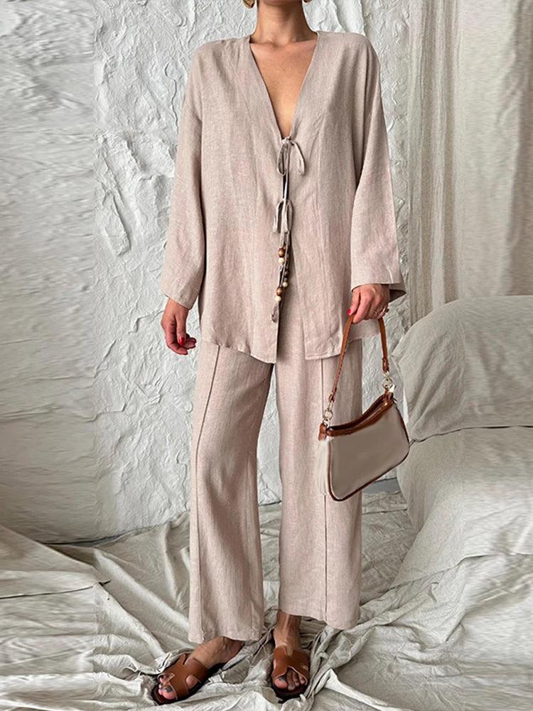 طقم قميص وبنطال كاجوال مزين بالخرز للنساء